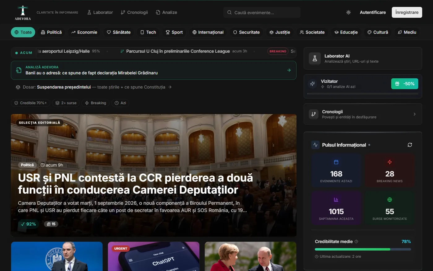 ADEVORA — Platformă de știri cu analiză AI a credibilității